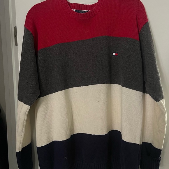 Tommy Hilfiger Y2K Men’s M Colorblock Vintage Sweater Red White Navy Oversized - Picture 2 of 9